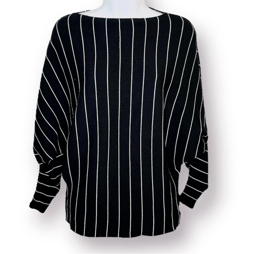 Philosophy Ribbed Vertical Stripe Dolman Sleeve Boatneck Sweater Black White S